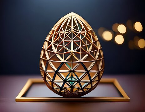 abstract egg shape with intricate lattice structure on minimalist frame