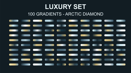 Fototapeta premium Arctic diamond luxury set of 100 gradients, metallic silver and blue chrome swatches vector, elegant cold metal color palette for premium branding and UI design