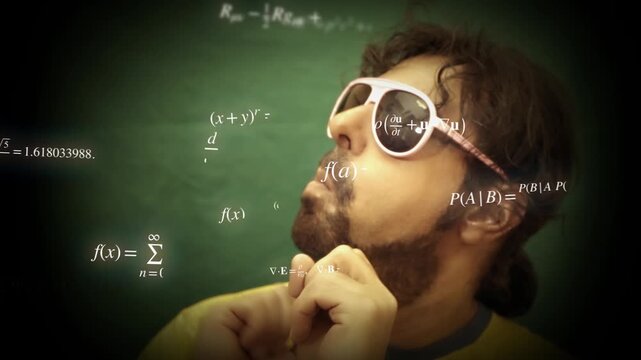 Funny meme of a man in white sunglasses before a chalkboard with math equations, expressing confused calculation and humorous problem solving.
