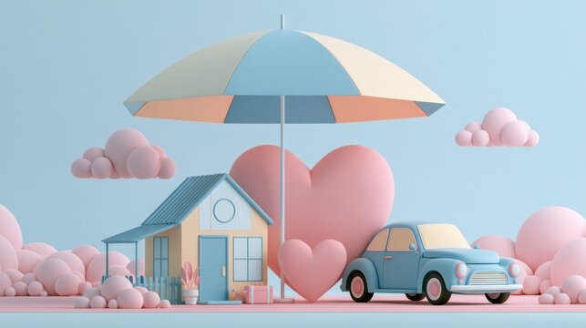 A house and a car sit under a large umbrella with a heart shape in a pastel scene representing protection and insurance.