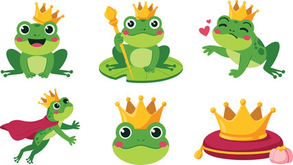 Cute Frog Prince Vector Illustration Set with Crown, Fairy Tale Characters, Royal Amphibians, Cartoon Mascots, and White Background Collection