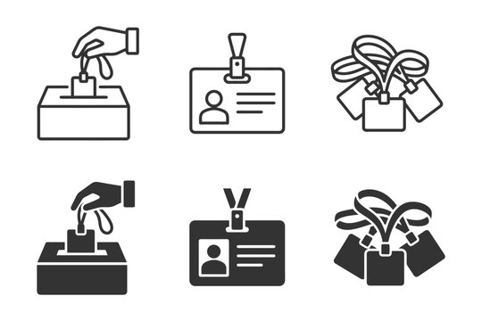 Set of black and white icons of ids and ballot boxes.