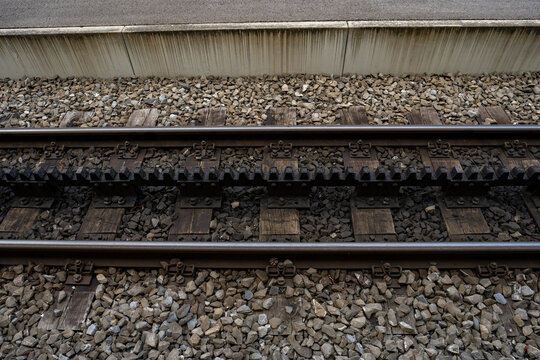 Close Up of Cogwheel Railway Track and Central Rack Rail at Station in Grindelwald Switzerland, Industrial Transport Infrastructure Detail