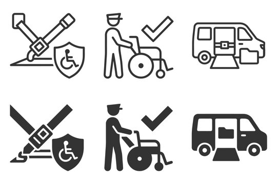 Accessible transportation icons for wheelchair users with safety and support features.