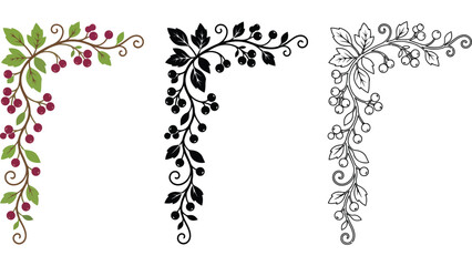 Autumn berry corner frame set. Decorative floral border elements with leaves and branches. © @ahmedmaynul