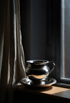 Reflective silver zarf on tray near window with moody lighting