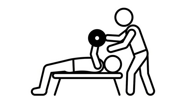 Weightlifting Man Bench Pressing Dumbbell with Spotter Stick Figure Icon Isolated