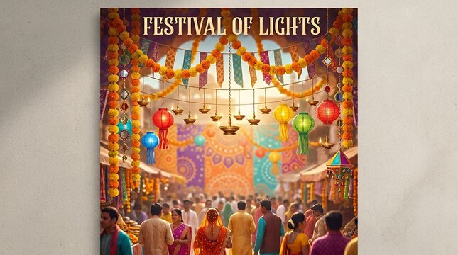 Vibrant festive celebration poster featuring hanging illuminated oil lamps and colorful decorative ornaments on a bright backdrop diwali deepavali festival lights colorful banner template