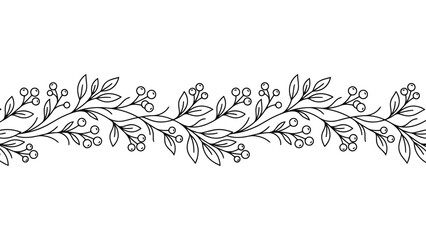 Autumn berry branch border. Seamless floral divider with leaves and berries. © @ahmedmaynul