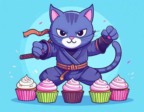 Cartoon Ninja cat fighting cupcakes, illustration. AI