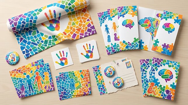 Global Developmental Disorder Recognition Day April Second Banner or literature jacket Compilation assortment. Vibrant Mosaic Fragment Motifs Palm Impressions and Youth Outlines for Brain