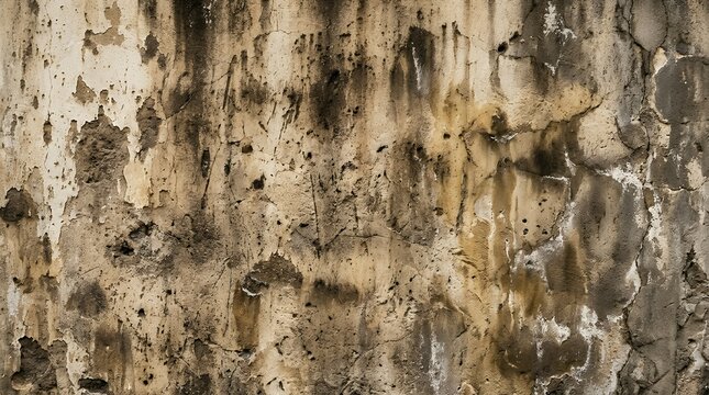 Grungy and Weathered Antique Wall Texture Featuring Dark Soil Stains and Aged Moisture Marks. The distressed surface of a vintage worn wall covered in grime spots uneven blemishes and brownish