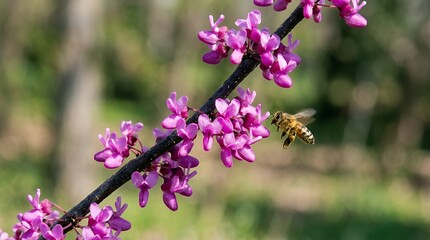 Obraz premium Vibrant magenta blossoms of a Judas tree bursting forth on a twig with a hovering insect capturing the elegance and energy of seasonal rebirth in the wild clusters of brilliant violet flora opening