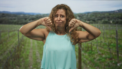 Obraz premium Woman showing bare hands with double thumbs down in a forest setting wearing turquoise top; disapproval defeat.