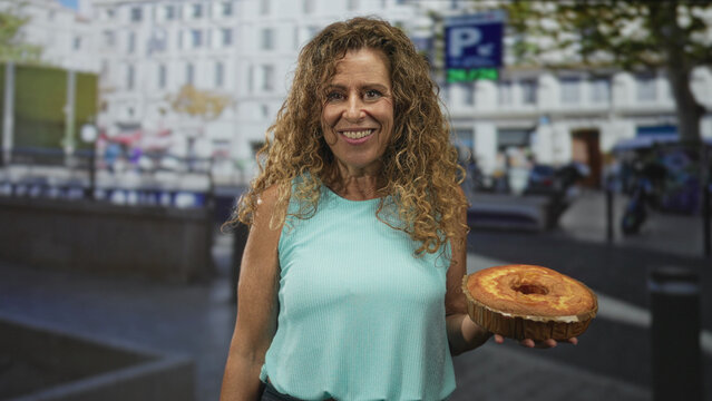 Middle age hispanic woman holding sponge cake in right hand wearing sleeveless top near bakery on street smiling at camera; homemade baking joy.