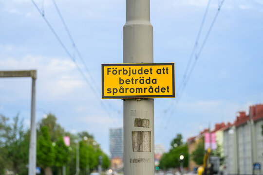 Close view of Swedish tram track prohibition sign.