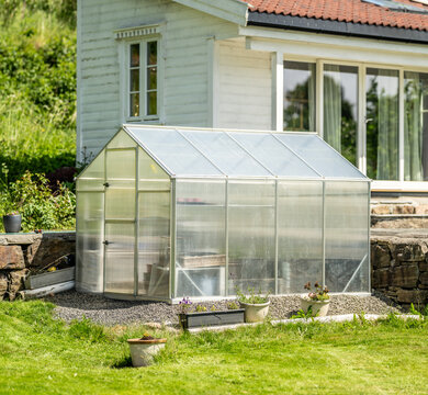 Small greenhouse beside white home in sunny garden landscape.