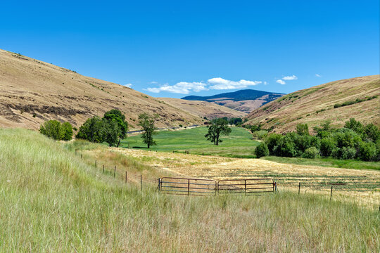 A green meadow bounded by a fence lies in a valley in northeastern Oregon, United States