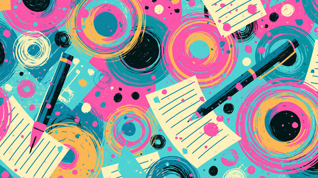 Vibrant abstract pattern featuring colorful circles and stationery elements.