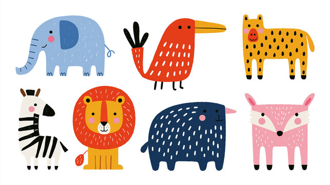 Colorful cartoon animals including an elephant, lion, and zebra in playful design.