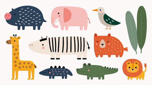 A whimsical collection of illustrated animals including a lion, giraffe, and elephant.