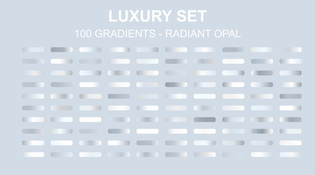 Radiant opal luxury set of 100 gradients, iridescent silver and white metallic swatches vector, holographic pearl texture palette for premium graphic design