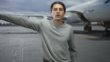 Fototapeta premium Man points finger toward airplane on airport tarmac with outstretched arm and open mouth, calling out to get attention; urgency direction.