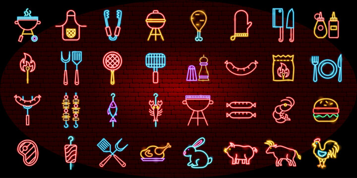 Barbecue Neon Objects. Grill Icons. Big Symbols Set. Glowing USA Independence Day BBQ Signs. Meat Pork Steak. 