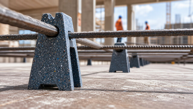 Speckled blue recycled plastic rebar spacer supporting a steel reinforcement grid on a concrete floor. Sustainable building materials and eco-friendly concrete reinforcement at construction site