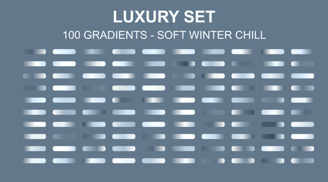 Luxury soft winter chill gradient set, 100 blue and silver metallic swatches vector, elegant cold frost color palette for premium branding and UI design