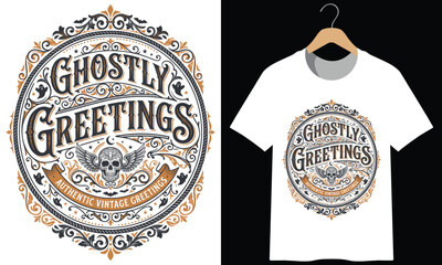 Ghostly greetings authentic vintage ornate badge for halloween design © SIDDIK