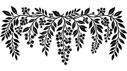 Autumn berry branch border. Decorative floral garland with leaves and berries. © Mahraz