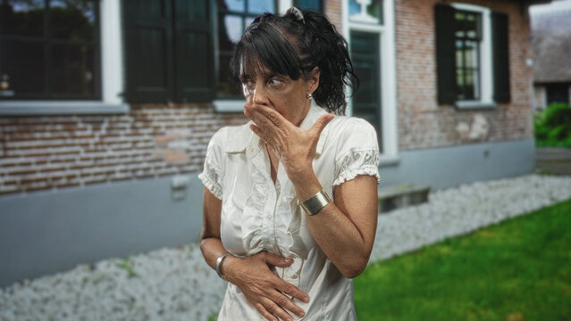Woman covers mouth with hand and clutches stomach beside brick building and green lawn; discomfort health.