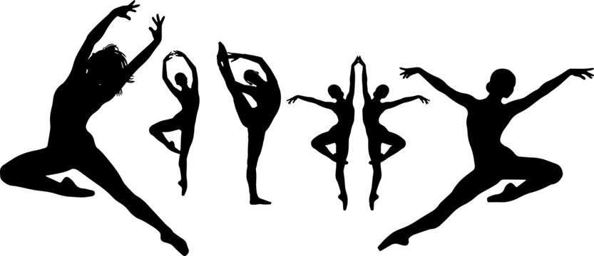 Black silhouettes of female ballet dancers in various graceful poses isolated on a white background, for dance and, fitness concepts