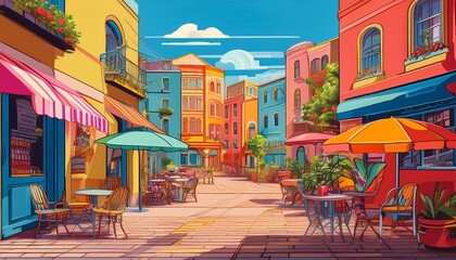 Fototapeta premium a vibrant street scene featuring colorful buildings and outdoor seating perfect for capturing the essence of urban life