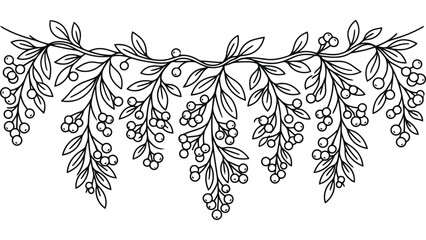 Autumn berry branch garland. Hand drawn botanical border with leaves and berries. © Mahraz
