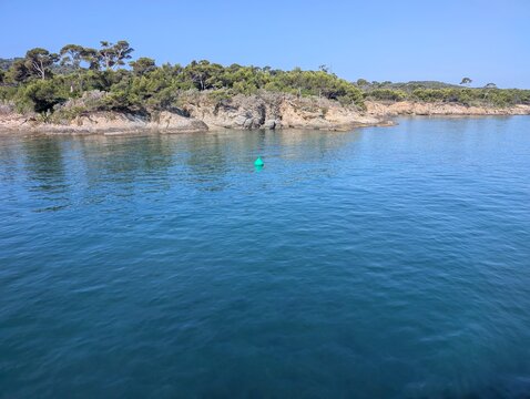 A green buoy floating in the clear Mediterranean waters near the rocky, pine-covered shore of Giens Peninsula, France.