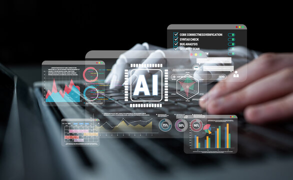 Hands Typing on a Laptop Keyboard Overlaid with Digital Graphics Representing Artificial Intelligence, Data Analysis, and Cybersecurity Threats in Modern Technology Environment Quark.