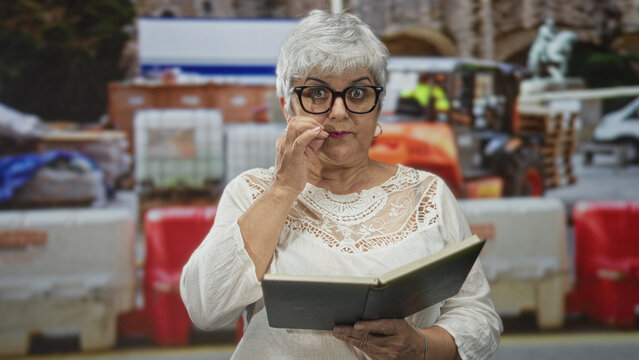Older woman reader holding an open book with left hand and pointing finger on right hand, wearing glasses and lace blouse amid pallets and traffic barriers on street; quiet contemplation.