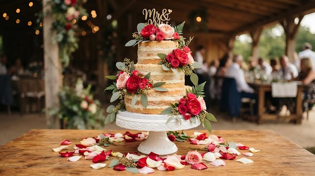 Elegant three-tiered semi-naked wedding cake decorated with red roses, eucalyptus leaves, and a cake topper on a rustic wooden table