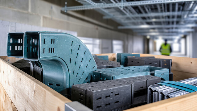 Teal speckled recycled plastic cable tray fittings in a wooden transport crate at an indoor building construction site. Sustainable electrical infrastructure and eco-friendly building materials