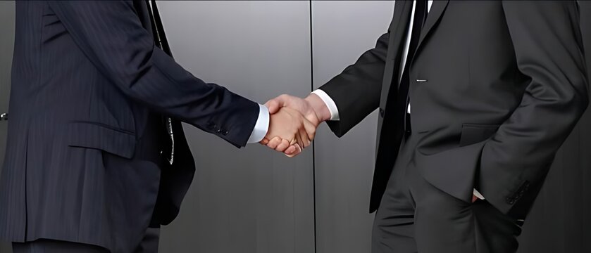 Business professionals shaking hands during a corporate meeting showing successful partnership and collaboration in formal attire panoramic landscape photo