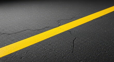 Fototapeta premium A bold yellow painted line stretches across a dark gray asphalt surface, creating a stark contrast against the rough industrial texture, boundary, detail, transport