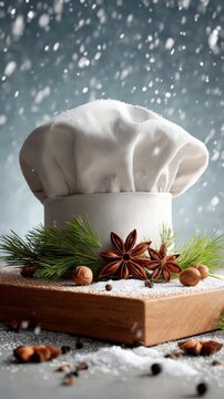 Festive chef's hat surrounded by spices and pine, evoking winter warmth.
