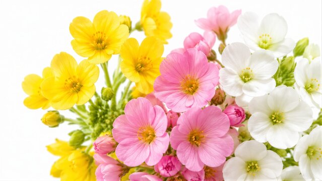 Pink yellow white primrose bouquet isolated on white background