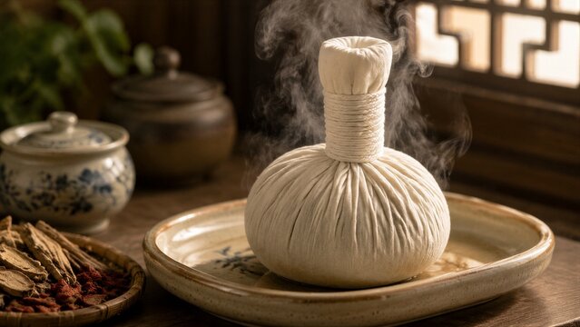 Herbal compress steaming on ceramic plate in spa setting