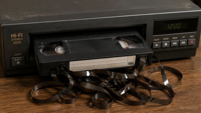 Vhs cassette tape ejected from vcr with tangled tape