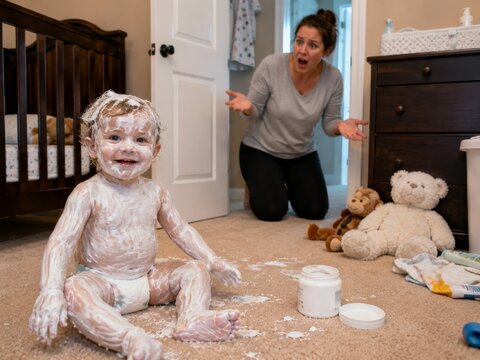 Toddler covered head to toe in diaper cream at home