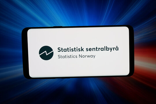 Stuttgart, Germany - 07-15-2026: In this photo illustration, the logo of Statistics Norway (SSB Statistisk Sentralbyra) is displayed on a smartphone in front of abstract background on computer screen.