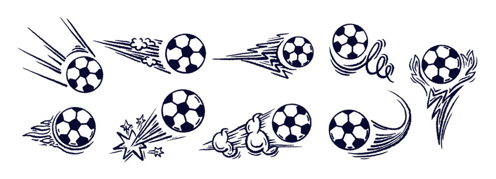 Soccer ball, comic high speed. Jump, motion expression and trajectory line with crayon style outlines. Vector capturing athletic energy for pitch related branding and competition visual